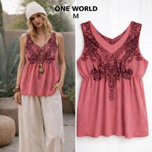 🌸 ONE WORLD Pink Sleeveless V-Neck Boho Blouse | Women’s Size Large